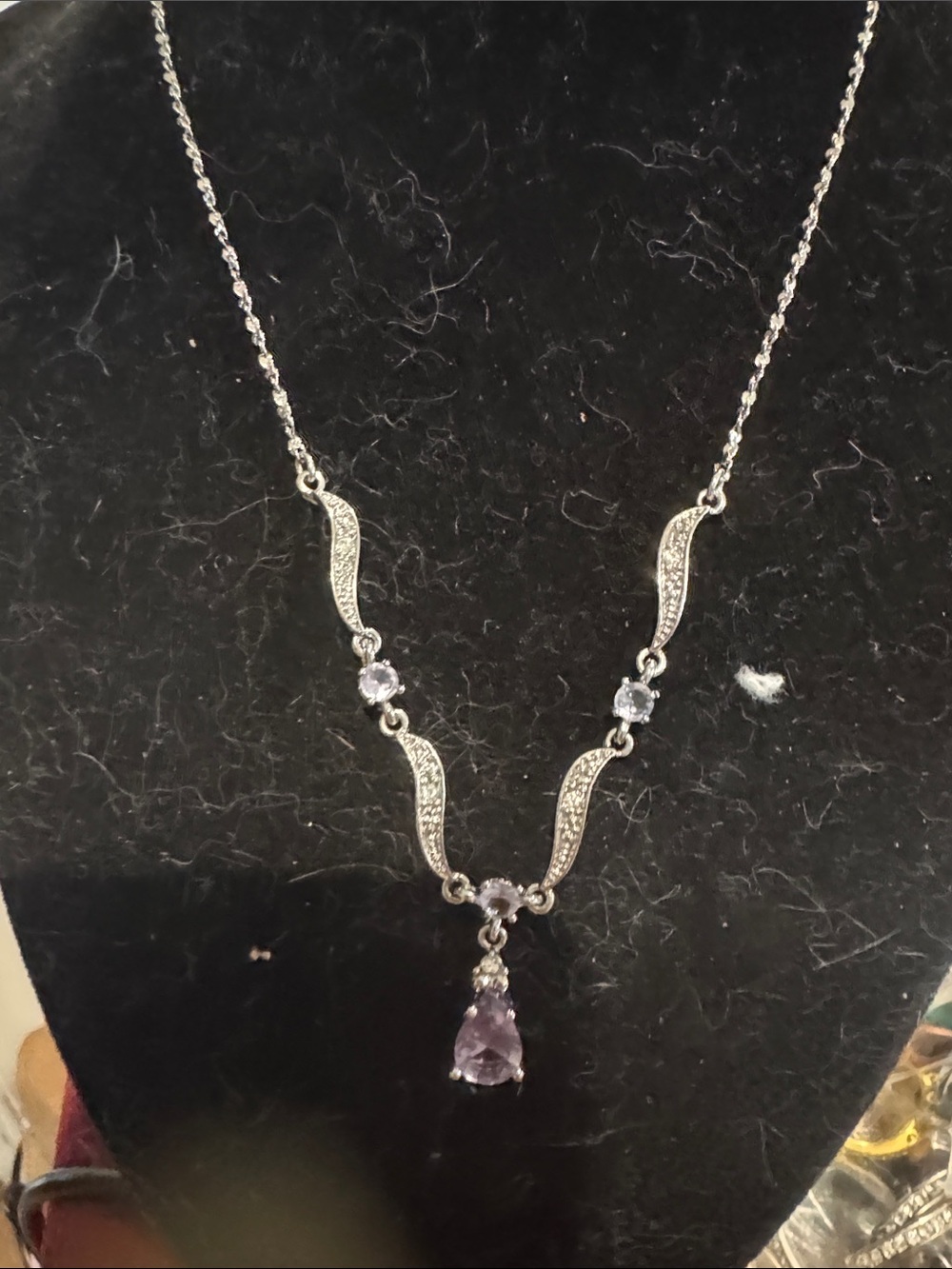 Elegant Silver-Tone Purple Teardrop Pendant Necklace